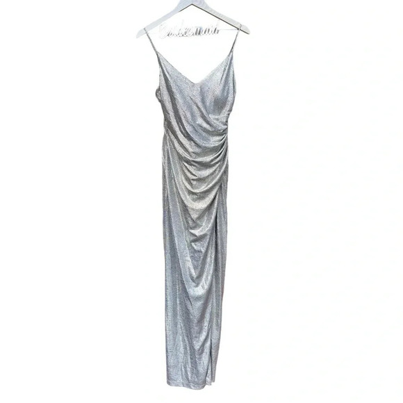 Betsy & Adam Dress Silver Size 8 Metallic Ruched Bling Gown With Leg Slit - Picture 1 of 4
